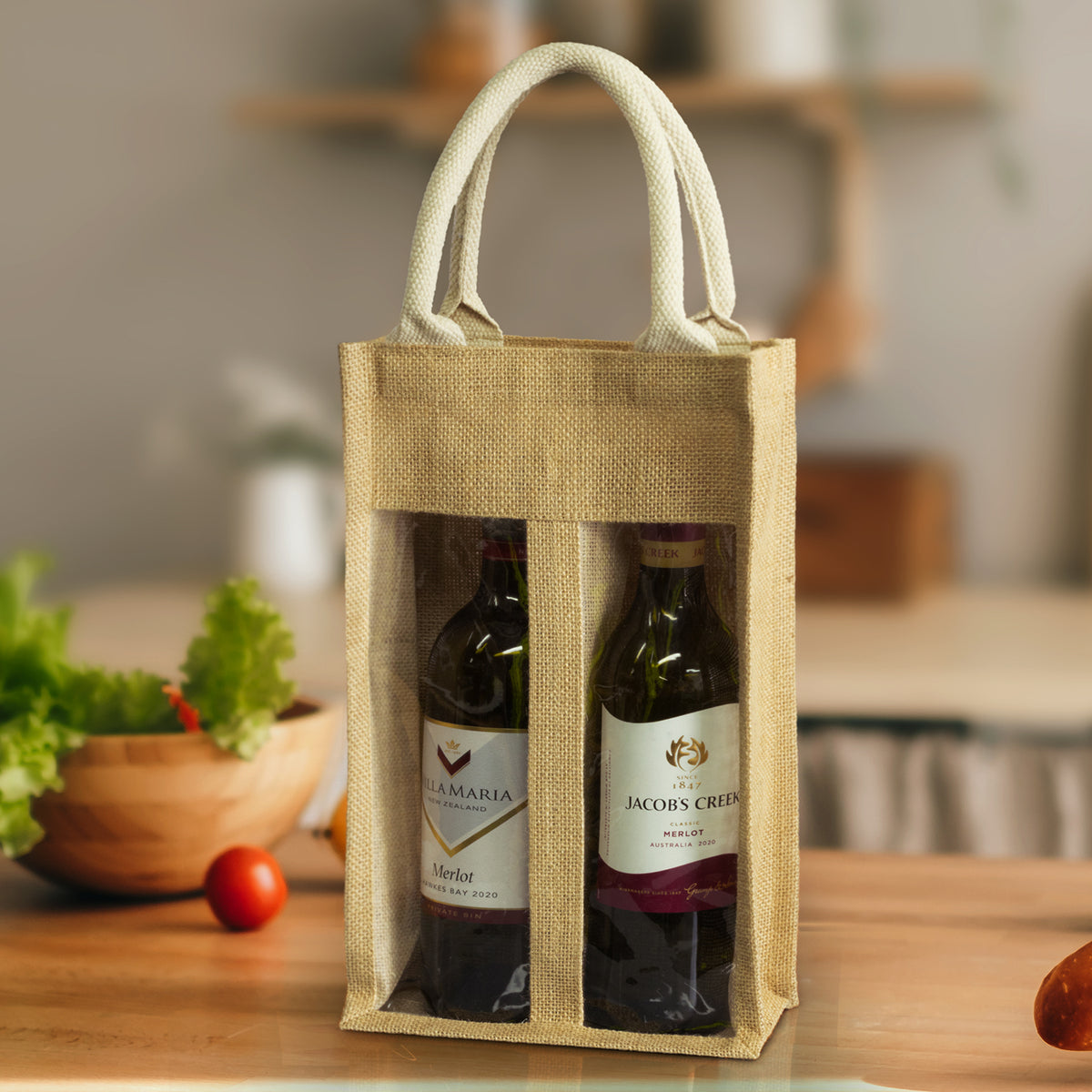 Stock Jute Double Wine Carrier With PVC(SJB-35T)